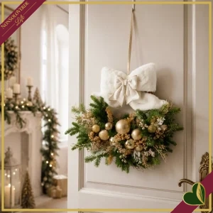 Composizione natalizia da appendere con grande fiocco bianco, verde e sfere oro, larghezza 55 cm