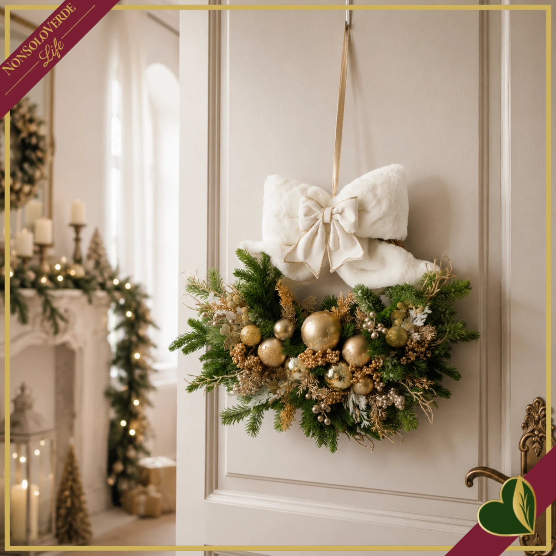 Composizione natalizia da appendere con grande fiocco bianco, verde e sfere oro, larghezza 55 cm