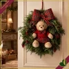 Ghirlanda natalizia con Teddy Bear, grande fiocco tartan e bacche rosse, diametro 60 cm