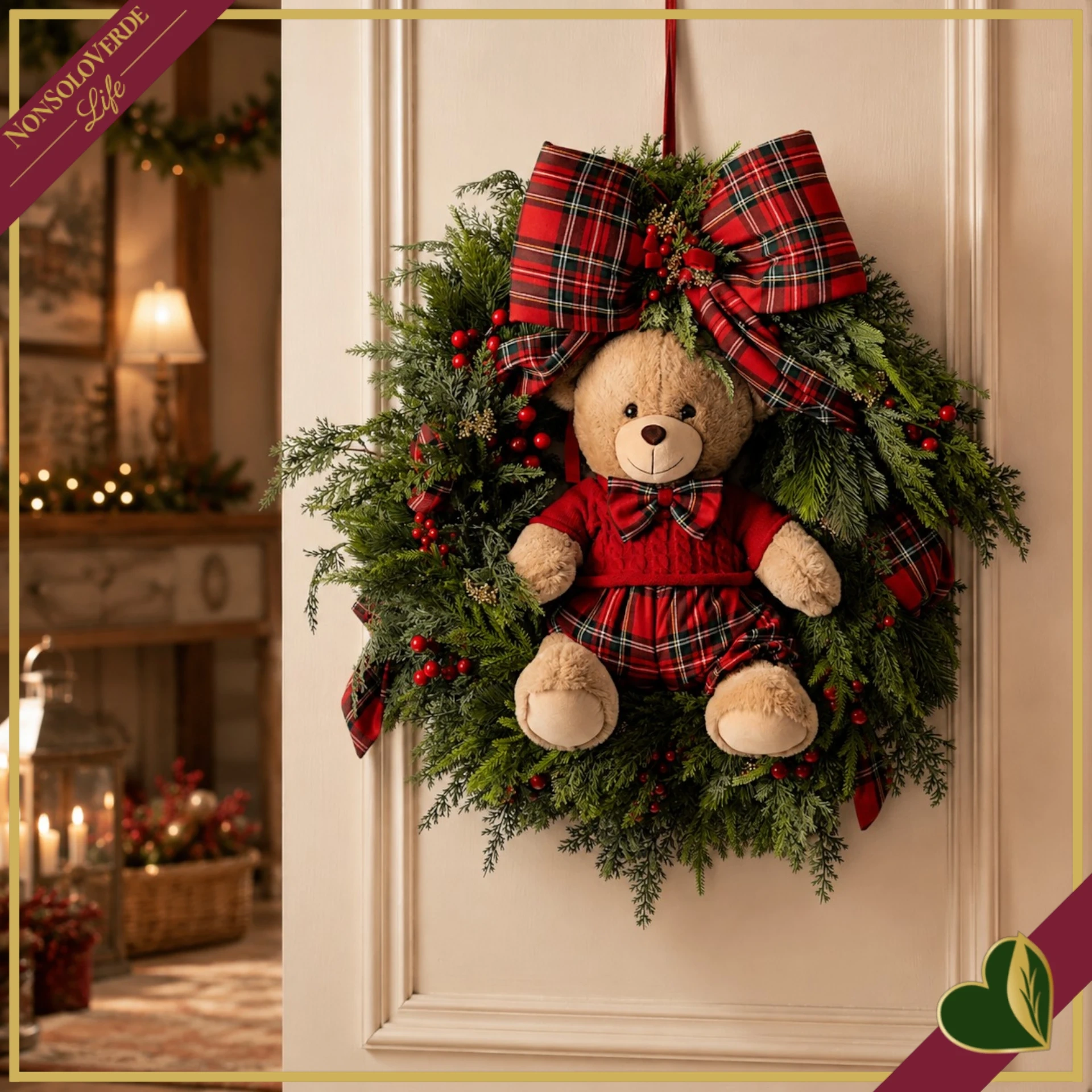 Ghirlanda natalizia con Teddy Bear, grande fiocco tartan e bacche rosse, diametro 60 cm