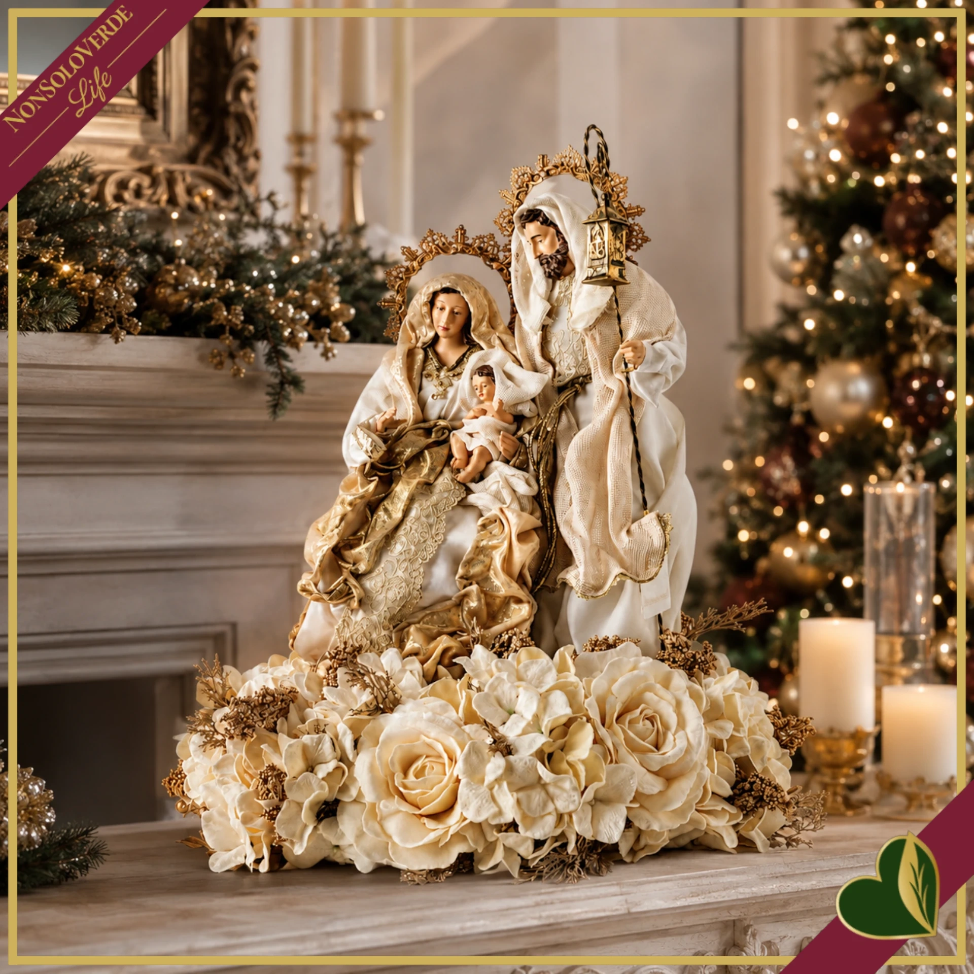 Natività in resina e tessuto avorio e oro su composizione floreale, altezza 60 cm