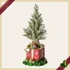 Alberello natalizio innevato in resina su pacco regalo rosso con fiocco oro, altezza 47 cm