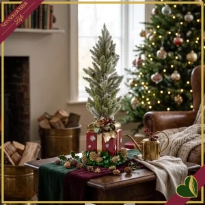 Alberello natalizio innevato in resina su pacco regalo rosso con fiocco oro, altezza 64 cm