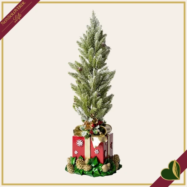 Alberello natalizio innevato in resina su pacco regalo rosso con fiocco oro, altezza 64 cm