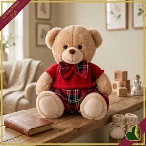 Orsacchiotto in peluche beige con completo rosso e dettagli tartan, altezza 30 cm