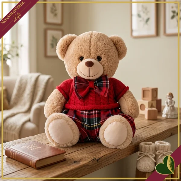 Orsacchiotto in peluche beige con completo rosso e dettagli tartan, altezza 30 cm