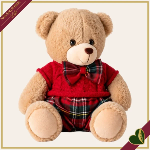 Orsacchiotto in peluche beige con completo rosso e dettagli tartan, altezza 30 cm