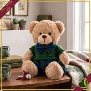 Orsacchiotto in peluche beige con completo verde e dettagli tartan blu, altezza 40 cm