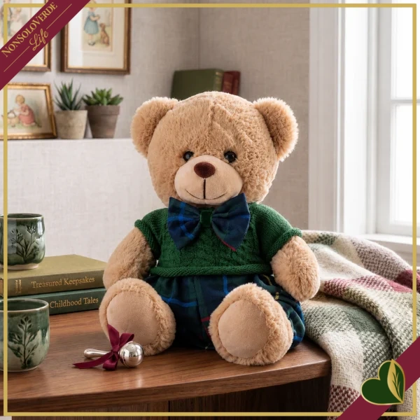 Orsacchiotto in peluche beige con completo verde e dettagli tartan blu, altezza 40 cm