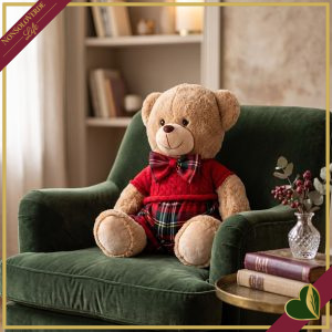 Orsacchiotto in peluche beige con completo rosso e dettagli tartan, altezza 40 cm