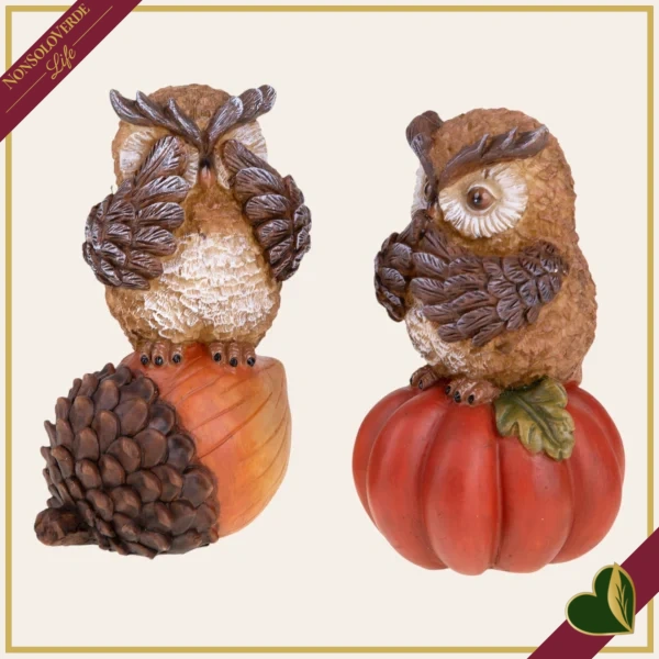 Gufo decorativo in resina con ghianda o zucca, 2 modelli assortiti, altezza 18 cm