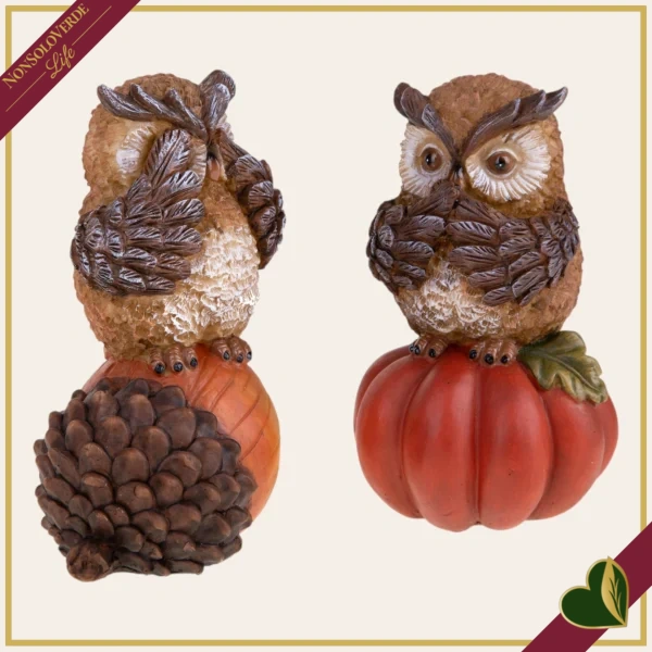 Gufo decorativo in resina con ghianda o zucca, 2 modelli assortiti, altezza 18 cm