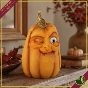 Zucca decorativa in resina con volto ammiccante e picciolo dorato, altezza 31,5 cm