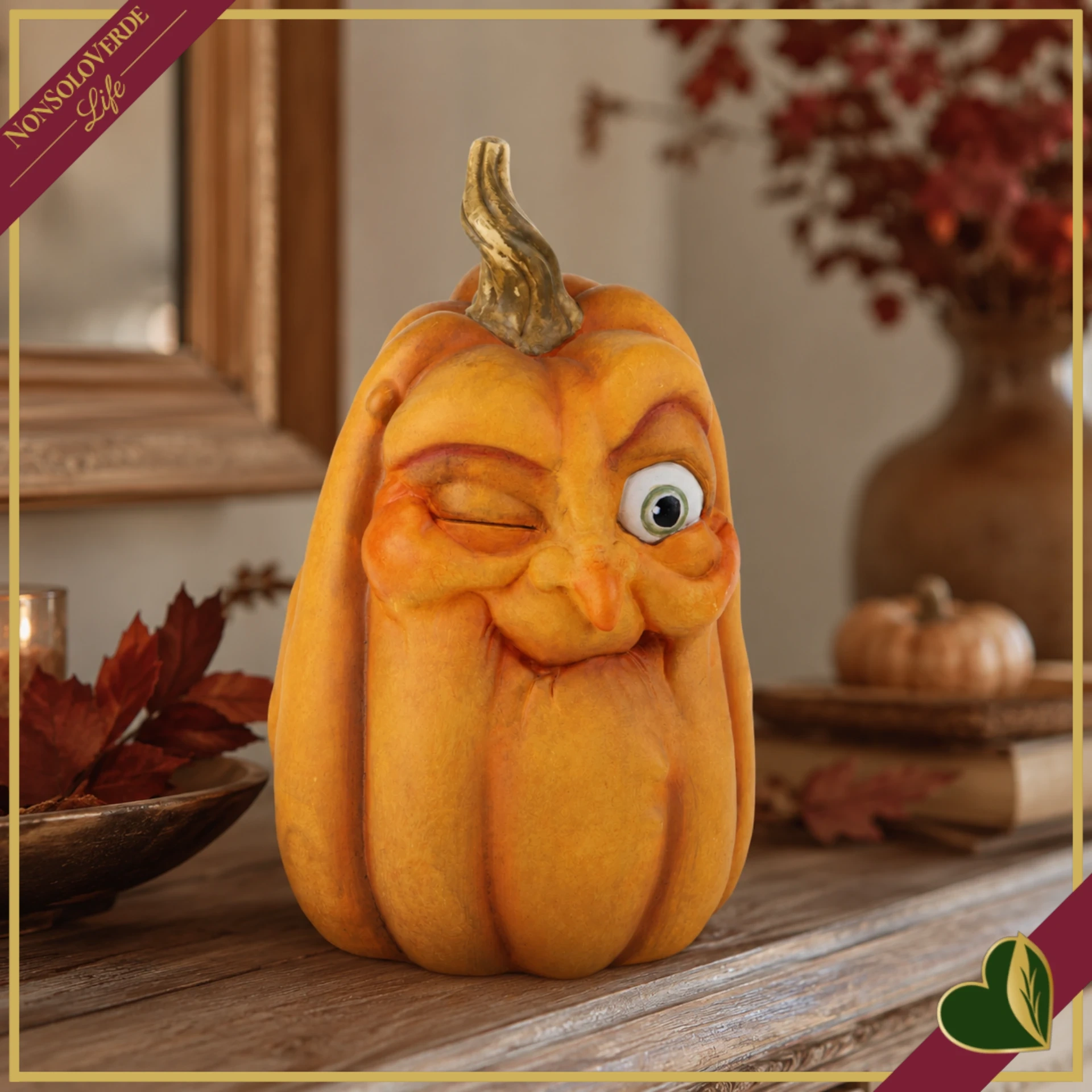 Zucca decorativa in resina con volto ammiccante e picciolo dorato, altezza 31,5 cm