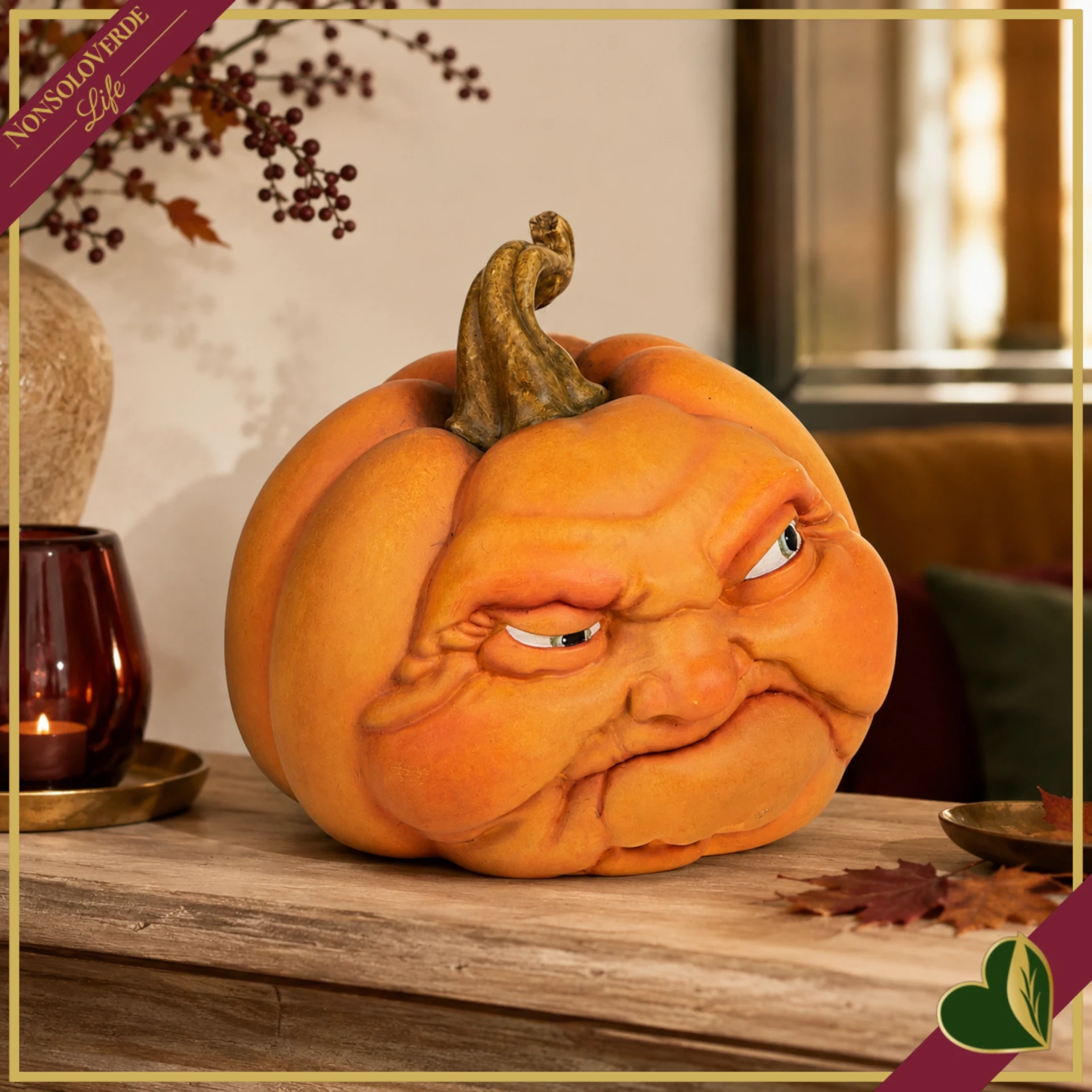Zucca decorativa in resina con volto imbronciato, altezza 24 cm