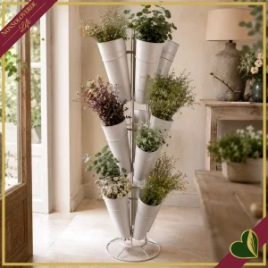 Espositore portafiori rotondo da terra con 15 contenitori in metallo, altezza 162 cm