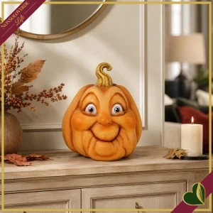 Zucca decorativa in resina con volto sorridente e picciolo dorato, altezza 30 cm