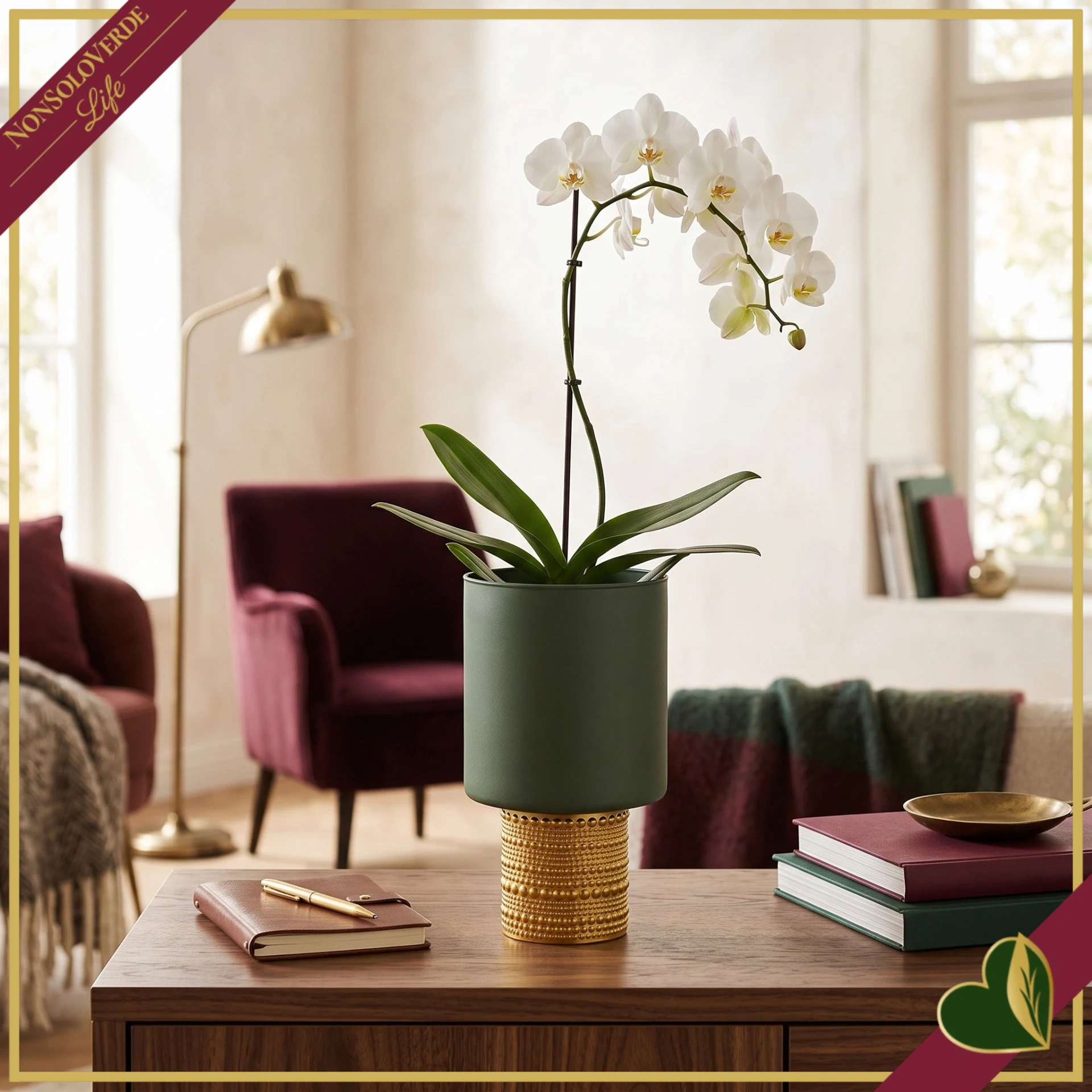 Vaso cilindro in vetro verde scuro con base dorata in rilievo, altezza 20 cm