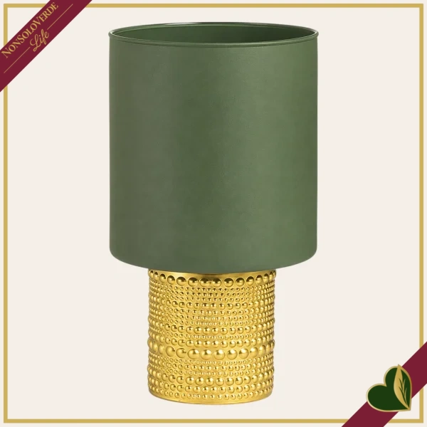 Vaso cilindro in vetro verde scuro con base dorata in rilievo, altezza 25 cm