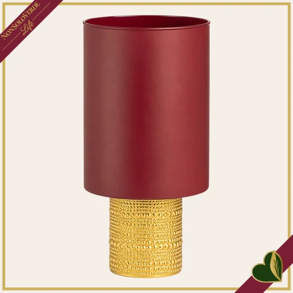 Vaso cilindro in vetro bordeaux con base dorata in rilievo, altezza 30 cm