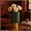 Vaso cilindro in vetro verde scuro con base dorata in rilievo, altezza 30 cm