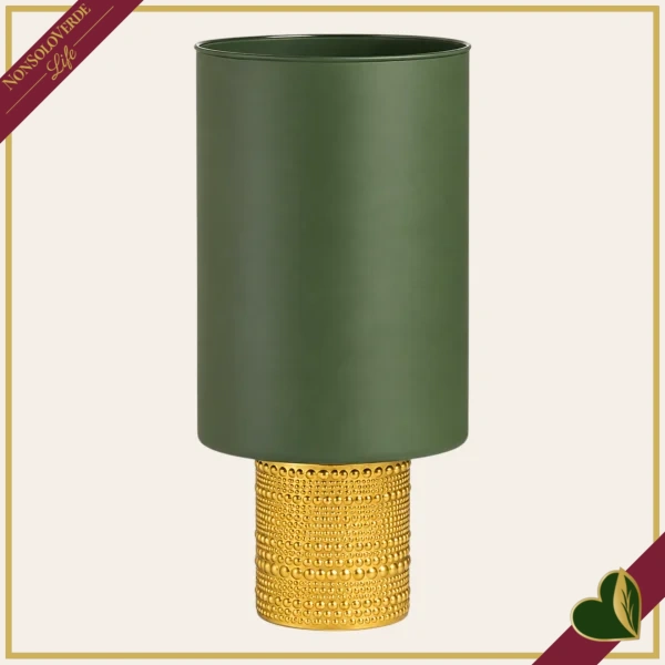 Vaso cilindro in vetro verde scuro con base dorata in rilievo, altezza 30 cm