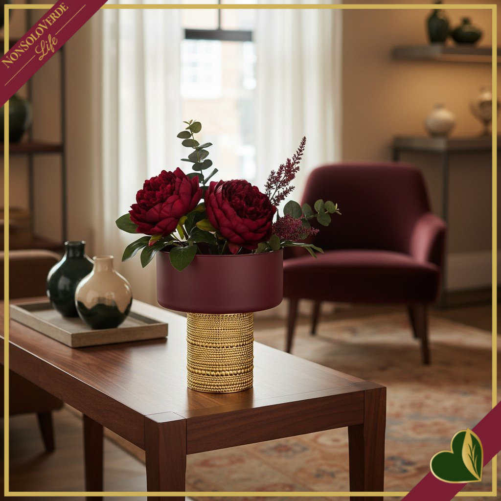 Vaso cilindro in vetro bordeaux con base dorata in rilievo, altezza 21 cm