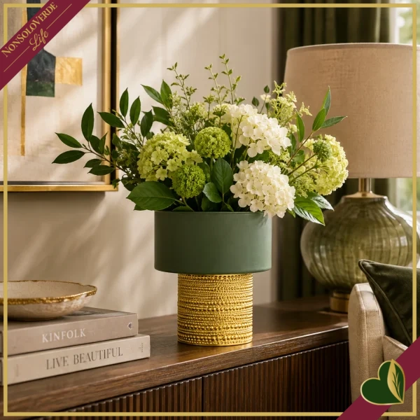 Vaso cilindro in vetro verde scuro con base dorata in rilievo, altezza 21 cm