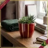 Cachepot in terracotta rosso con righe verticali color oro, diametro 11 cm