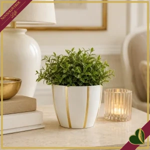 Cachepot in terracotta bianco con righe verticali color oro, diametro 13,5 cm