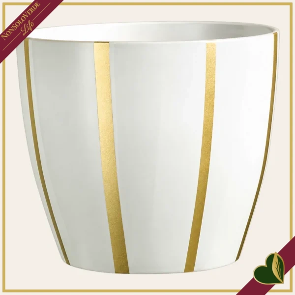 Cachepot in terracotta bianco con righe verticali color oro, diametro 11 cm