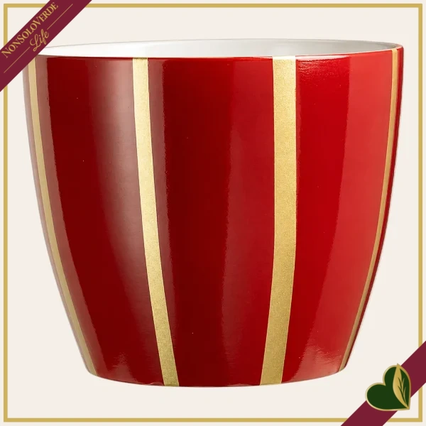 Cachepot in terracotta rosso con righe verticali color oro, diametro 11 cm