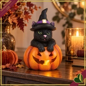 8000000104526-0 Gatto nero di Halloween in resina su zucca luminosa LED con cappello da strega, altezza 16,5 cm