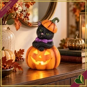 8019990119137-0 Gatto nero di Halloween in resina su zucca luminosa LED con cappello a zucca, altezza 16,5 cm