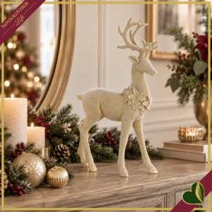 Renna natalizia in poliresina con finitura floccata beige e oro, altezza 38 cm