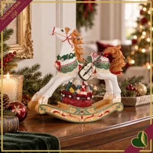 Cavallo a dondolo natalizio decorativo in poliresina con violoncello e doni, lunghezza 52 cm