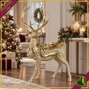 Renna natalizia in poliresina finitura champagne con fiocco e decori floreali, altezza 68,5 cm