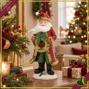 Babbo Natale in poliresina con ghirlanda, fiocco verde e dettagli oro, altezza 37 cm