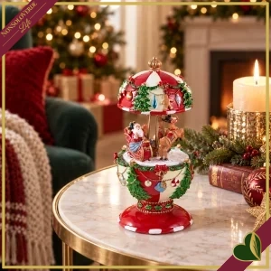Carillon natalizio in poliresina con Babbo Natale sulla slitta e renne, altezza 17 cm