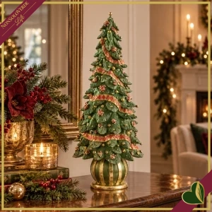 Alberello natalizio in poliresina verde con dettagli glitter rossi e oro, altezza 43 cm