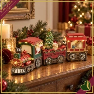 Trenino natalizio in poliresina con Babbo Natale, luci LED e 8 melodie, lunghezza 37 cm