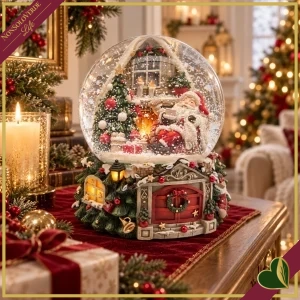 Ampolla natalizia con Babbo Natale, pino e focolare, con musica e movimento, altezza 20 cm